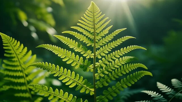 Lush green fern leaves illuminated by soft sunlight filtering through a forest canopy.