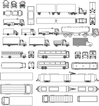 Technical vector set of large vehicles: trucks, buses, trailers, and trains in top, side, and front elevation views.