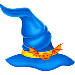 Blue Witch Hat With Orange Bat Wings And Jack O Lantern Emblem For Halloween Celebration