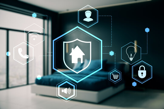 Smart home IoT interface with digital icons for automation and security over modern bedroom background in abstract light blue style concept. 3D Rendering