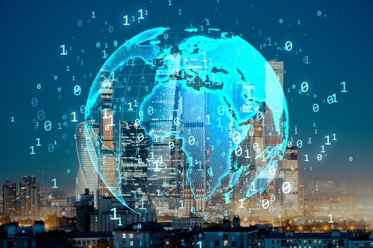 Digital world map with binary code overlaying city skyline at night, symbolizing global technology and business network concept.