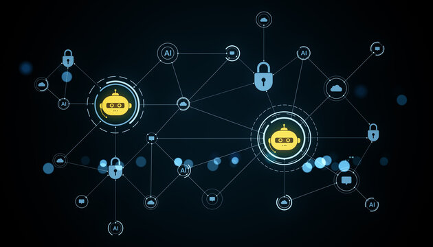 Futuristic network of chatbot and cloud icons with security locks, connected in digital mesh on dark abstract background with glowing blue light dots. 3D Rendering