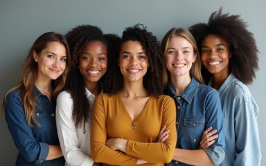 Portrait of standing in row smiling diverse team posing differently looking at camera. Happy young multiethnic corporate staff, bank workers photo shoot, HR agency recruitments. High quality