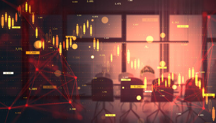 Abstract glowing stock chart with financial indicators on dark red background over office setting indicating market crash and economic crisis.