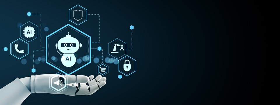Futuristic chatbot and AI technology icons hovering above robotic hand on abstract digital background with network connections and symbols. 3D Rendering