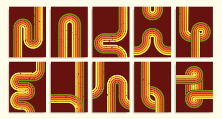 Retro rainbow lines with scratches on brown background. Vector set of 70s style posters with grungy color parallel stripe waves and swirls, abstract groovy art wallpaper, music album cover design