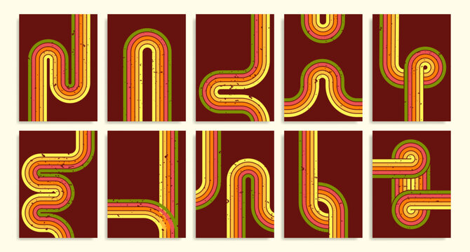 Retro rainbow lines with scratches on brown background. Vector set of 70s style posters with grungy color parallel stripe waves and swirls, abstract groovy art wallpaper, music album cover design