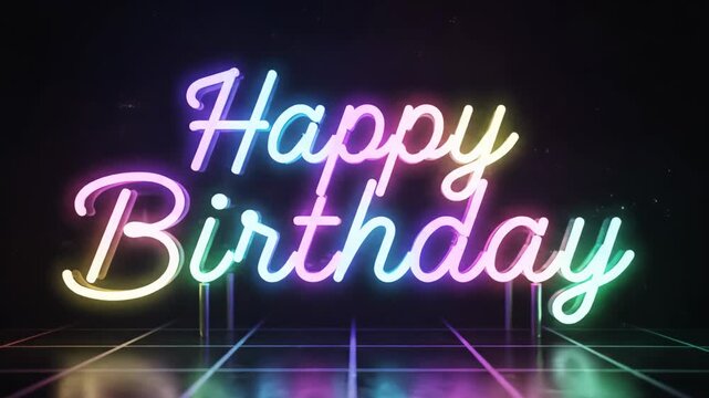 Neon sign displaying the words "Happy Birthday" with a colorful gradient against a dark background.