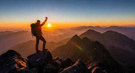 Man with backpack celebrates summit success at sunrise overlooking mountain range landscape scenery