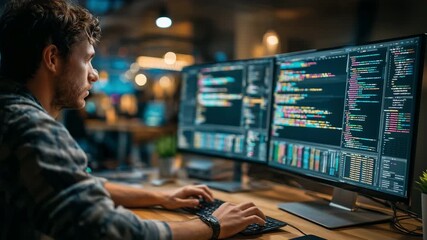 Young Caucasian man programming at multiple monitors in a modern tech workspace, showcasing focus and concentration in a vibrant environment. - Powered by Adobe