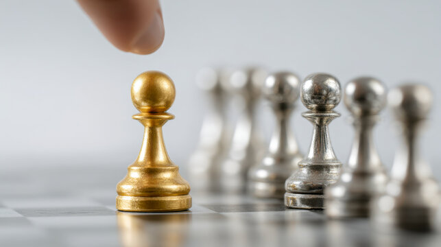 Strategic move in chess highlighting a golden pawn confronting a line of silver pawns on a board symbolizing leadership and decision-making in competition