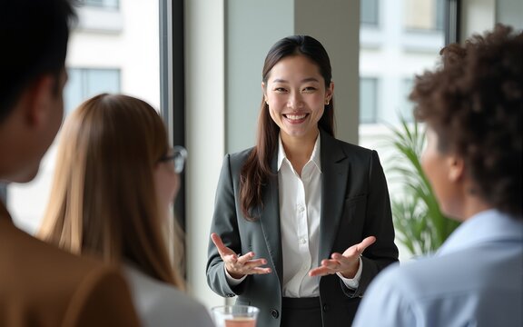 Interactive discussion. Happy smiling Asian woman team leader project manager hold open dialogue on briefing with diverse multiracial corporate team ask opinions listen to ideas insights propositions