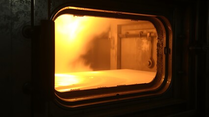 ontology. Industrial furnace observation window showing molten metal with intense glow. safety posters, maintenance manuals, designed for industrial assembly lines and welding operations.