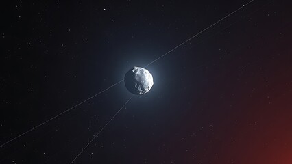 trajectory. A lone glowing interstellar rock drifting through a starfield with unusual trajectory lines, suggesting cosmic motion. STEM education sheets.