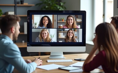 Office staff meeting with diverse freelance team on online video conference, making group call on internet, sitting at table looking at electronic board with head shots, discussing work project