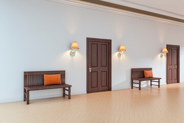 Modern empty hallway interior with wooden benches, orange cushions, closed doors and warm wall lights in stylish building corridor setting. 3D Rendering