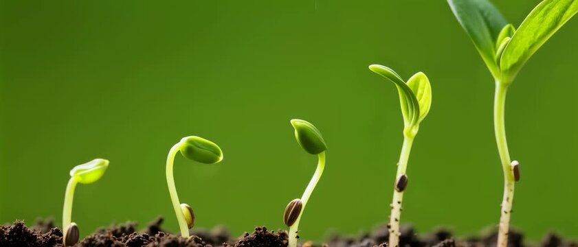 Growth Progression, Bean Seedlings, Soil Garden, Photographic Sequence, Natural Green Environment, Frontal Viewpoint, Life Cycle Concept