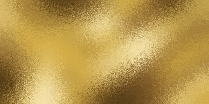 Gold foil background with shiny rough texture. Vector realistic illustration of luxury golden wallpaper, glitter paper, light reflection gradient metal surface, brass paint effect on leather material