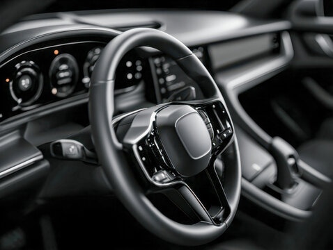 Modern car interior featuring a sleek multifunctional steering wheel and digital instrument cluster with a minimalist dashboard design and advanced control features