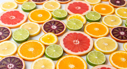 Assorted citrus fruit slices including oranges lemons limes and grapefruits arranged on white background