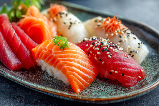 Colorful fresh nigiri sushi assortment with salmon, tuna, and white fish topped with sesame seeds served on a ceramic plate for Japanese cuisine lovers - Powered by Adobe