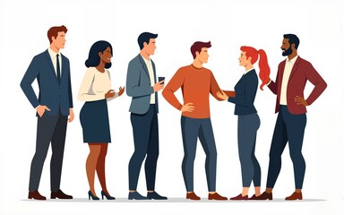 Different business team members standing, talking, communicating, taking part in business activities, meeting, brainstorming, coffee break. Multiracial people vector illustrations isolated.