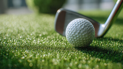 Golf club poised to strike a golf ball on lush green grass during a sunny day, showcasing detailed texture and serene outdoor sports environment
