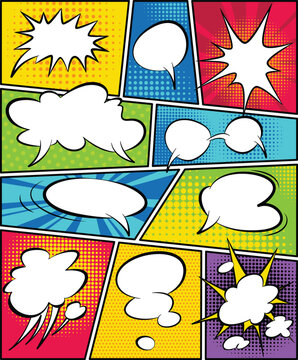 Comic book page divided by lines with speech bubbles and sounds effect. Retro background mock-up. Comics template. Vector illustration