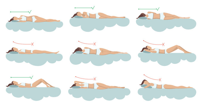 Correct and incorrect sleeping body posture. Healthy sleeping position spine in various mattresses and pillow. Caring for health of back, neck. Comparative vector illustration