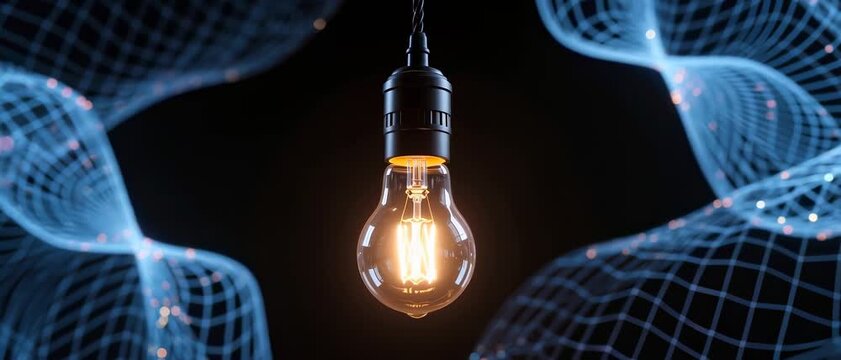 Illumination Event, Glowing Lightbulb, Dark Void, Digital Render, Sci-Fi Environment, Centered Close-Up Viewpoint, Innovation Concept