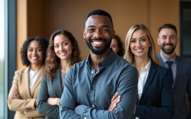 Successful diverse business team portrait. African American businessman leader smiles with colleagues. Corporate people group together. Teamwork, partnership, confident, pro. High quality