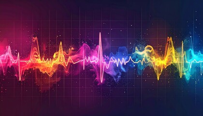 Abstract sound wave visualization with vibrant colors and a grid background, creating a dynamic audio representation