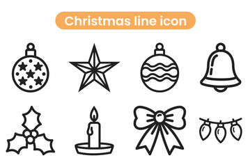 Christmas line icon collection. Thin outline icons pack—Christmas Bauble, Star, Bell, Holly, Candle, Bow, String Lights - stock vector.