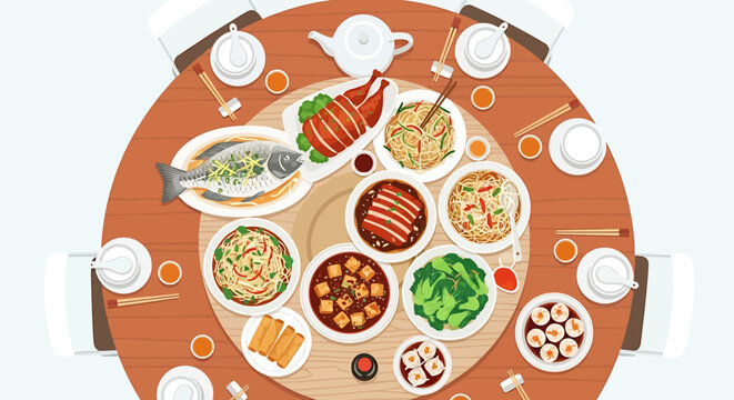 A top-down view of a round table laden with a variety of delicious Chinese dishes, set for a celebratory feast.