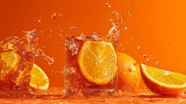 Dynamic image of sliced orange mid-splash with droplets against vivid orange backdrop. Fresh and energetic, showcasing citrus vitality from close-up angle. Neural network AI generated