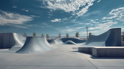 Smooth concrete skate park features curves and ramps under clear blue sky. Bright daylight emphasizes parks expansive layout and open space. Mountains visible in distance. Neural network AI generated
