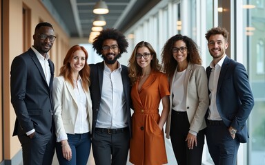 Portrait of multicultural colleagues stand and pose at company hallway. High quality