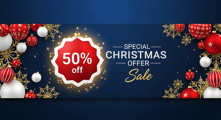 Special Christmas Offer Sale 50 Percent Off With Ornaments and Snowflakes image photo