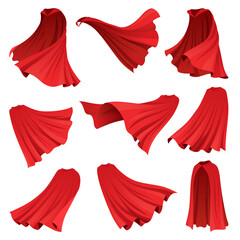 Superhero red cape in different positions, front and side view. Scarlet fabric silk cloak. Mantle costume or cover cartoon vector set