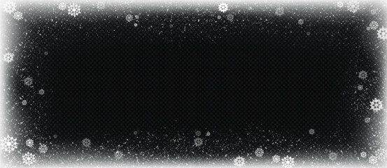 Frozen frame with sparkling snowflakes and ice crystals on transparent background. Winter frost border decorated with falling snow patterns and frosty elements. Elegant holiday design for Christmas.
