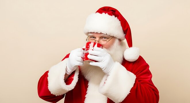 Happy Santa Claus in a traditional red suit and hat enjoying a warm beverage from a red mug.