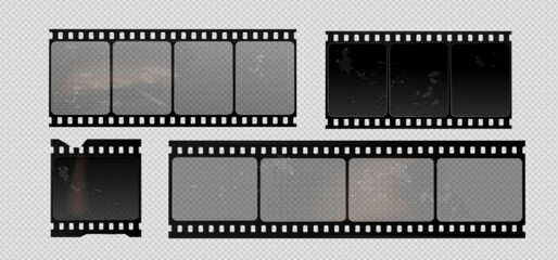 Vintage film strip frame with realistic photo negative border and old camera elements. Classic 35mm cinema reel design with retro photography effects. Black celluloid texture and filmstrip pattern.