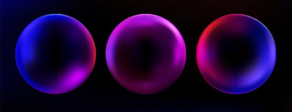 3D gradient spheres and abstract bubbles on black background. Futuristic flowing shapes blend neon colors from blue to pink and red with soft light effects. Dynamic fluid modern circular forms.