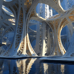 Futuristic Architecture with Organic Structures and Reflections