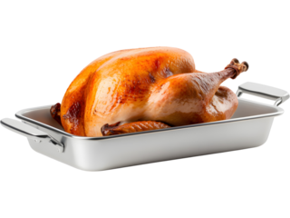 Roasted turkey in baking tray isolated on transparent background. Ideal for festive dinner, cooking, and holiday celebration concepts.