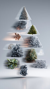 Creative arrangement of various plants and trees forms unique, abstract Christmas tree design, blending natural elements with modern, artistic touch. composition is dynamic and visually striking