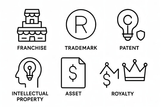 Intellectual Property and Business Assets: A compilation of business and intellectual property icons, each representing core concepts of brand protection, investment, and market position. 