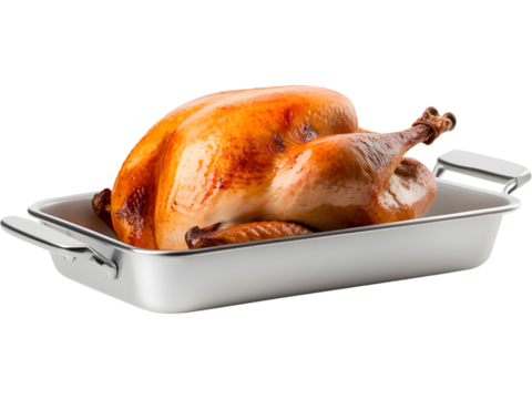 Roasted turkey in baking tray isolated on transparent background. Ideal for festive dinner, cooking, and holiday celebration concepts. - Powered by Adobe