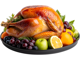 Whole roasted turkey with garnish and orange slices isolated on white. Perfect for holiday, Thanksgiving, and festive food designs.