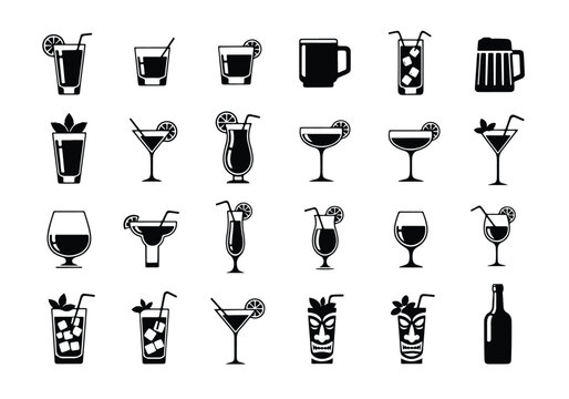 Diverse drink and cocktail glass silhouette icons. - Vector icon symbol for website - Icon vector - Blue icon vector -  Flat Design Icon
